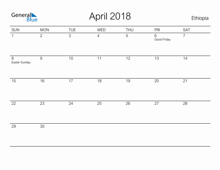 Printable April 2018 Calendar for Ethiopia