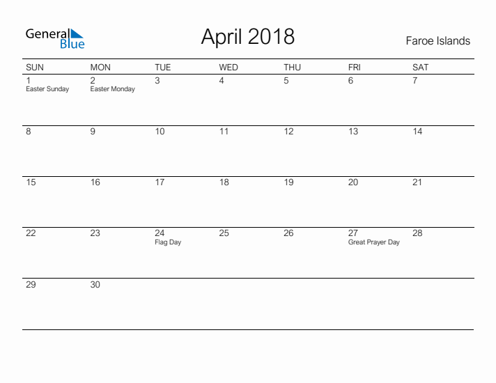 Printable April 2018 Calendar for Faroe Islands