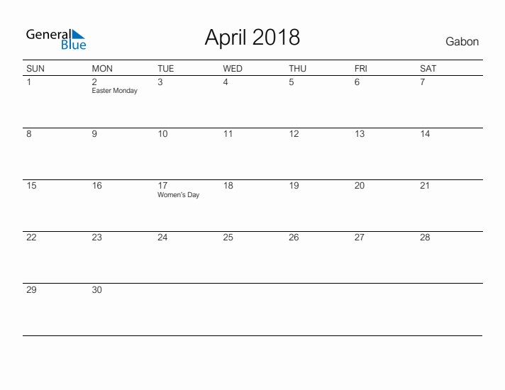 Printable April 2018 Calendar for Gabon