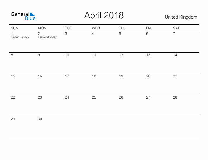 Printable April 2018 Calendar for United Kingdom