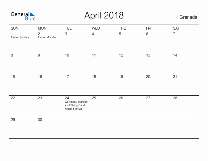 Printable April 2018 Calendar for Grenada