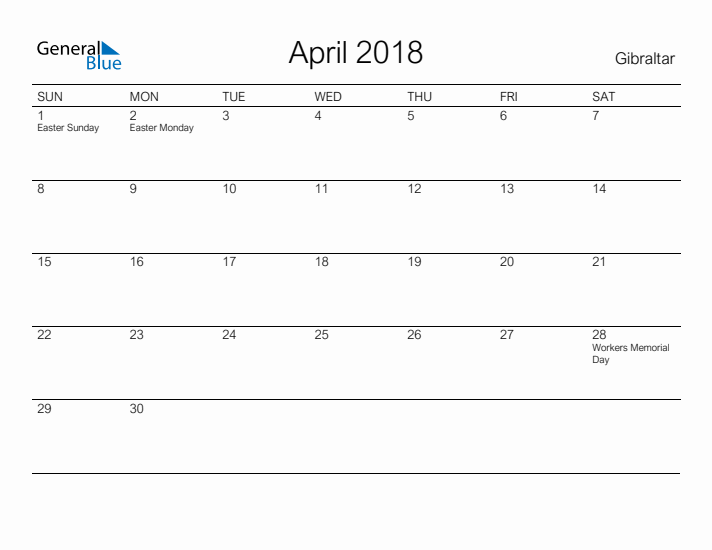 Printable April 2018 Calendar for Gibraltar