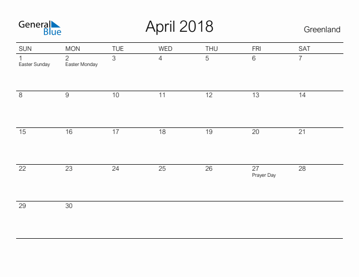 Printable April 2018 Calendar for Greenland