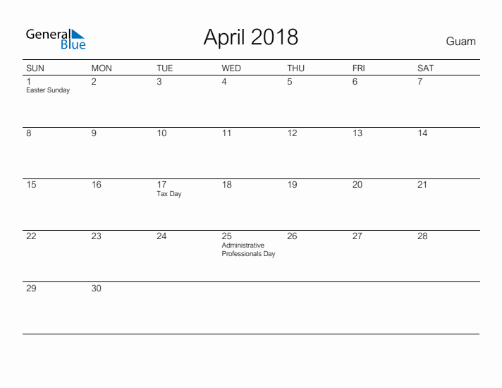 Printable April 2018 Calendar for Guam