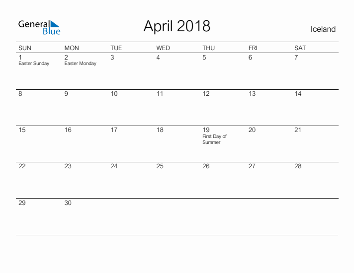 Printable April 2018 Calendar for Iceland