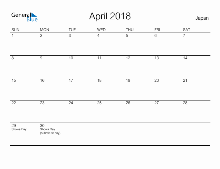 Printable April 2018 Calendar for Japan