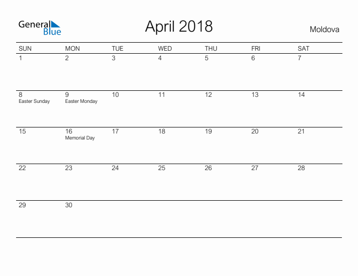 Printable April 2018 Calendar for Moldova