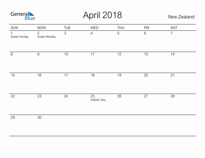 Printable April 2018 Calendar for New Zealand