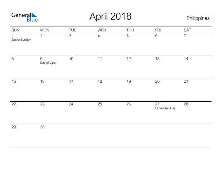 Printable April 2018 Calendar for Philippines