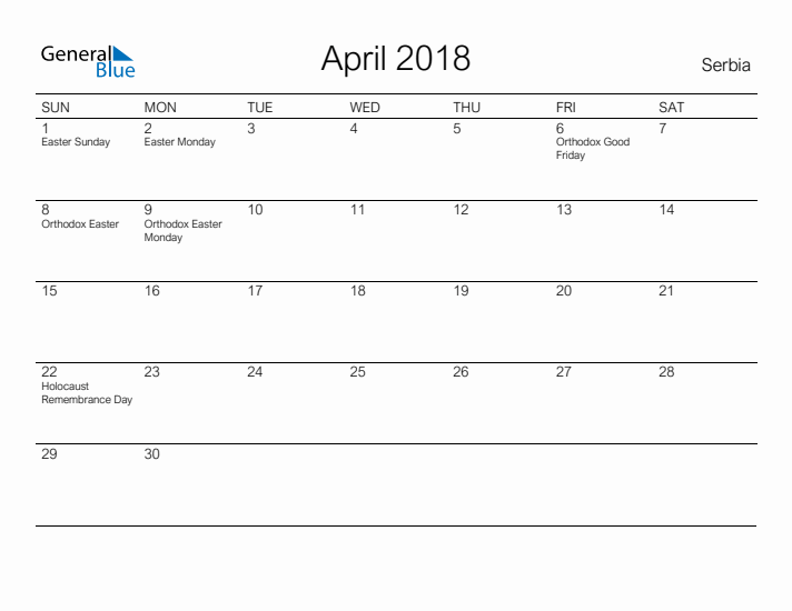 Printable April 2018 Calendar for Serbia