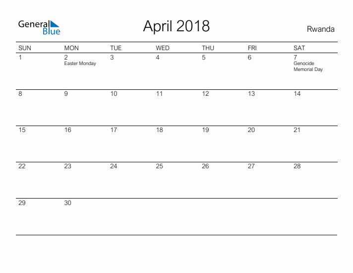 Printable April 2018 Calendar for Rwanda