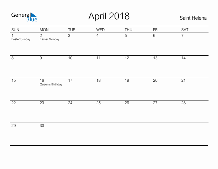 Printable April 2018 Calendar for Saint Helena