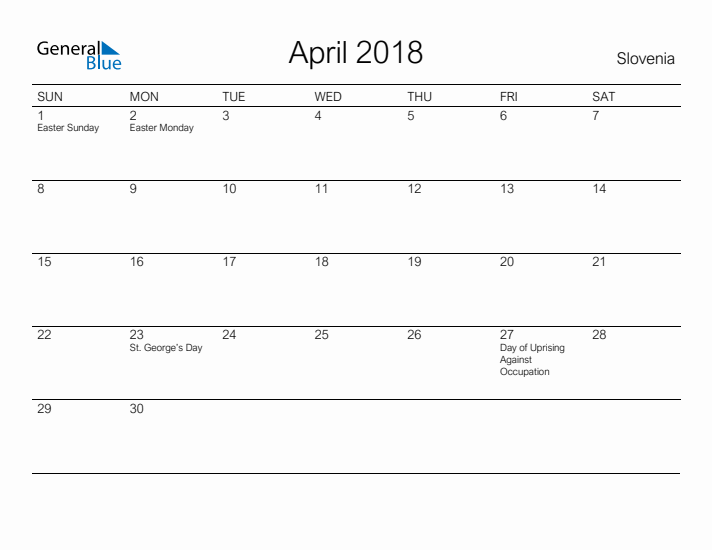 Printable April 2018 Calendar for Slovenia