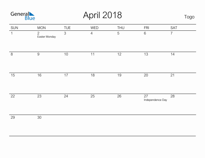 Printable April 2018 Calendar for Togo