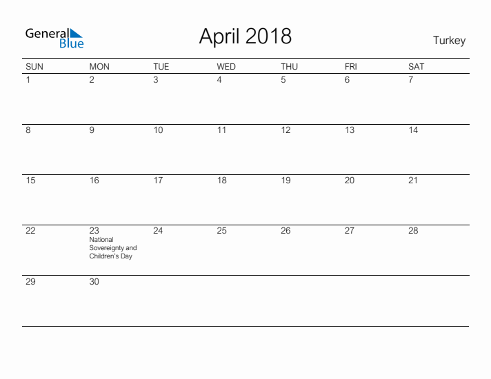 Printable April 2018 Calendar for Turkey