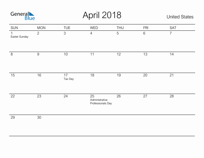 Printable April 2018 Calendar for United States