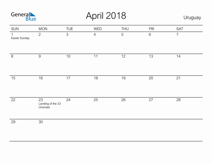 Printable April 2018 Calendar for Uruguay