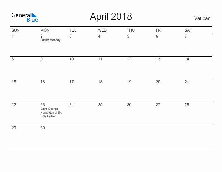 Printable April 2018 Calendar for Vatican