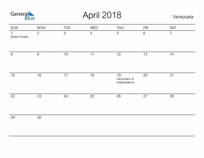 Printable April 2018 Calendar for Venezuela