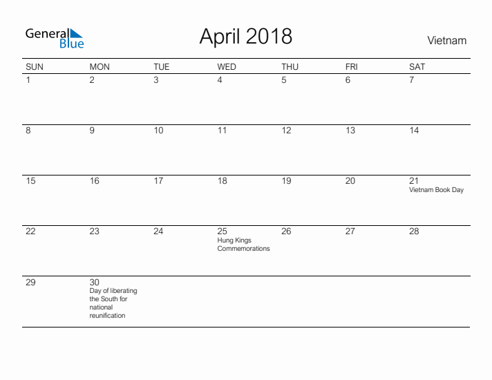 Printable April 2018 Calendar for Vietnam