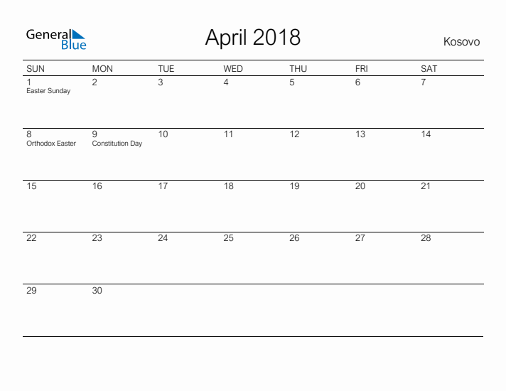 Printable April 2018 Calendar for Kosovo