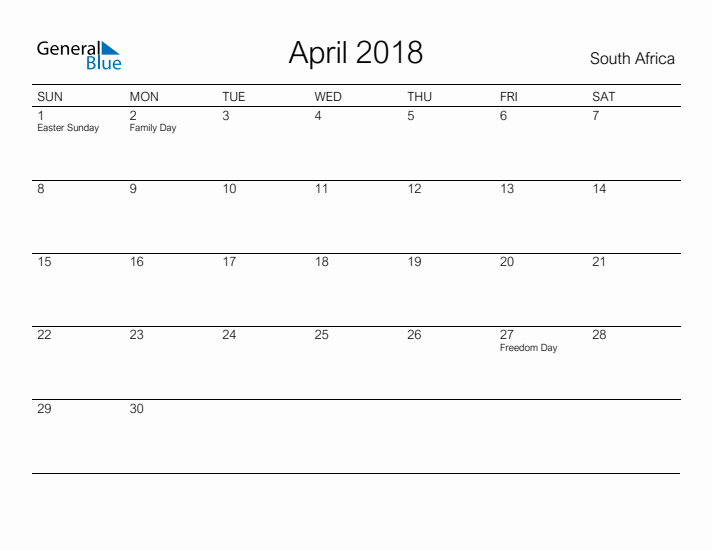 Printable April 2018 Calendar for South Africa