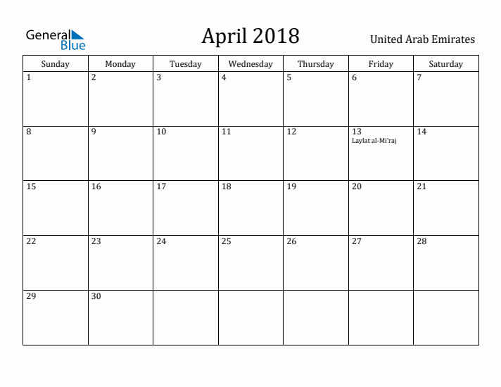 April 2018 Calendar United Arab Emirates
