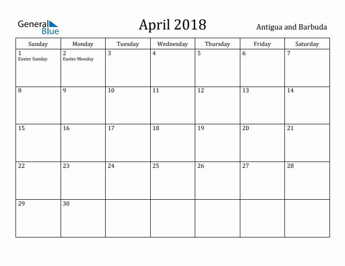 April 2018 Calendar Antigua and Barbuda