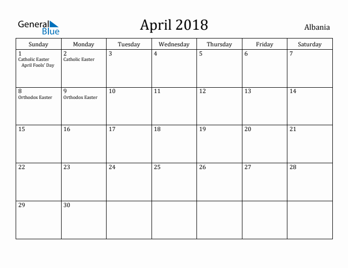 April 2018 Calendar Albania