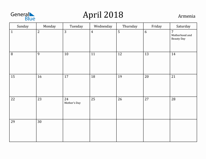 April 2018 Calendar Armenia