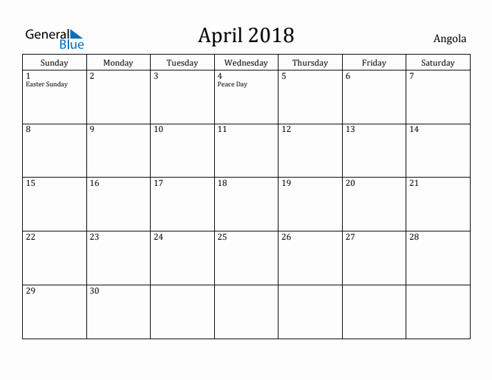 April 2018 Calendar Angola