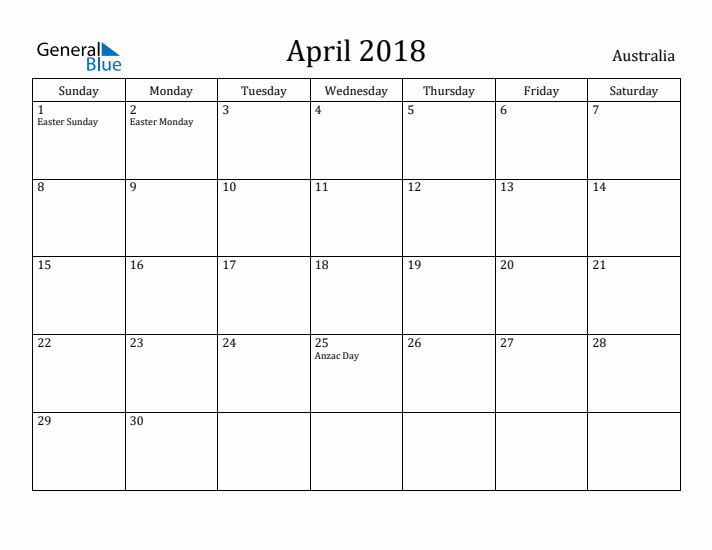April 2018 Calendar Australia