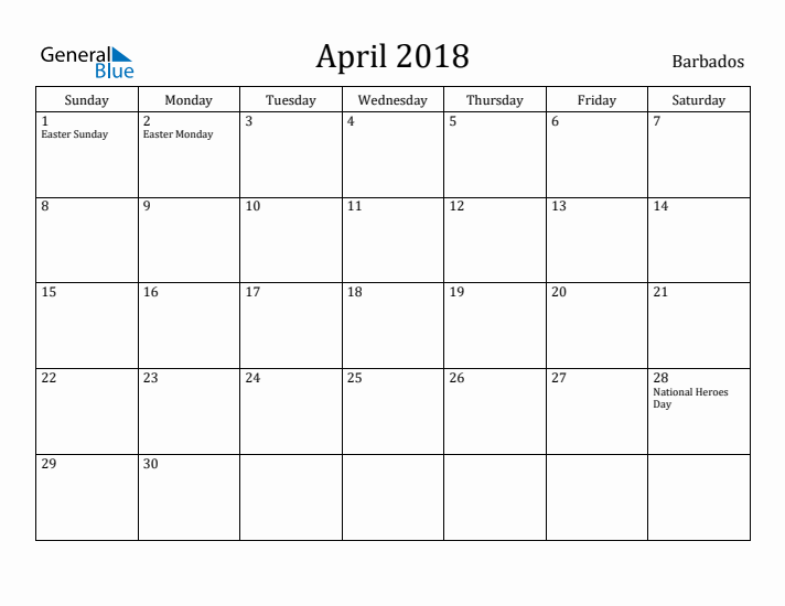 April 2018 Calendar Barbados