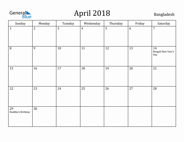 April 2018 Calendar Bangladesh