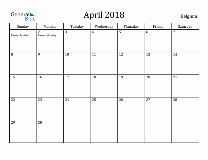 April 2018 Calendar Belgium