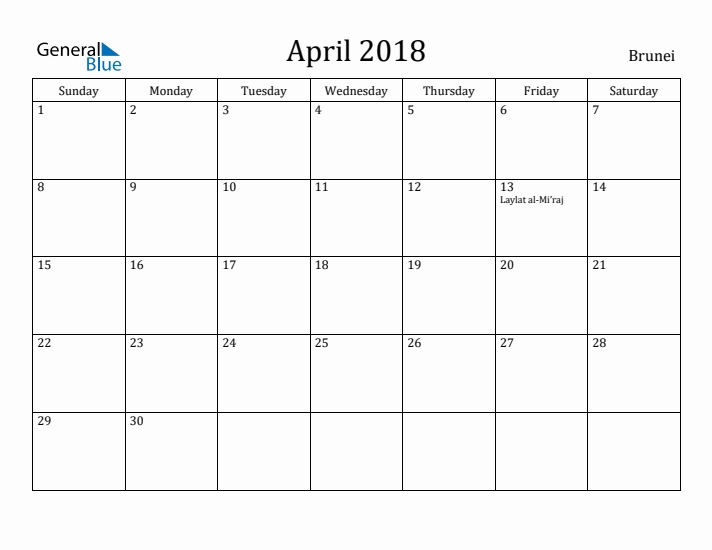 April 2018 Calendar Brunei