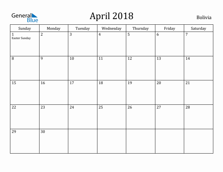 April 2018 Calendar Bolivia