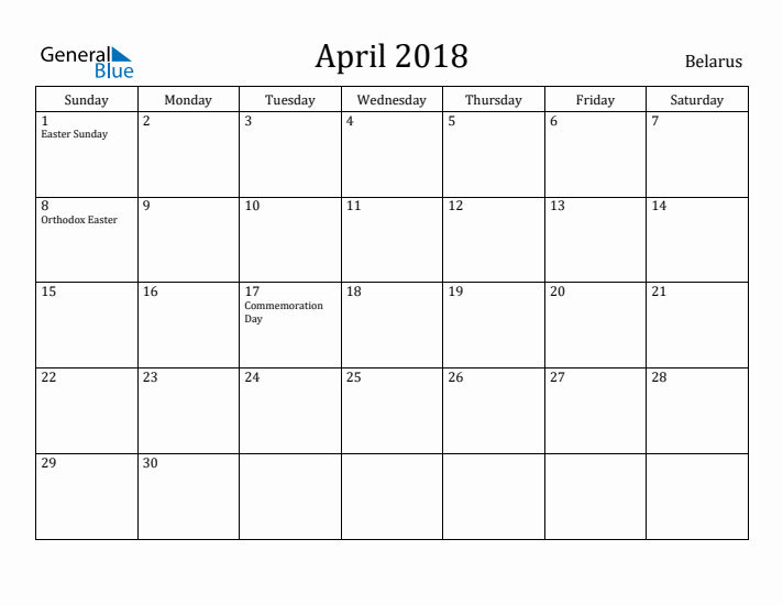 April 2018 Calendar Belarus