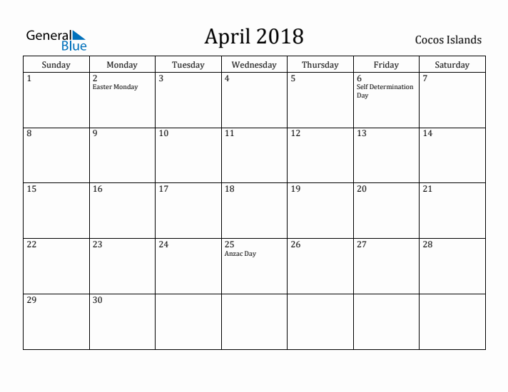 April 2018 Calendar Cocos Islands