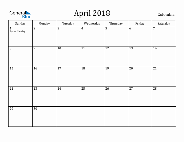 April 2018 Calendar Colombia