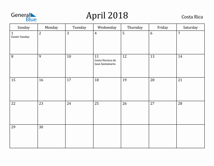 April 2018 Calendar Costa Rica