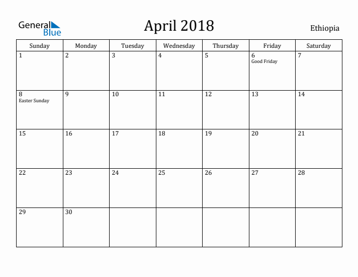 April 2018 Calendar Ethiopia
