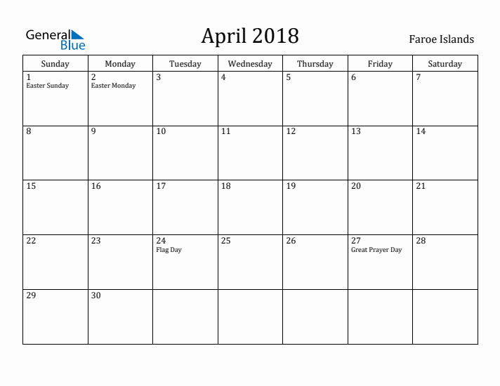 April 2018 Calendar Faroe Islands