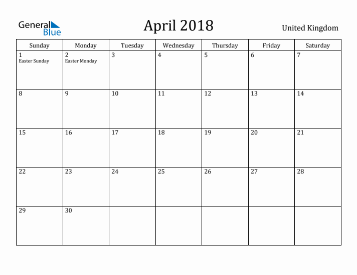 April 2018 Calendar United Kingdom