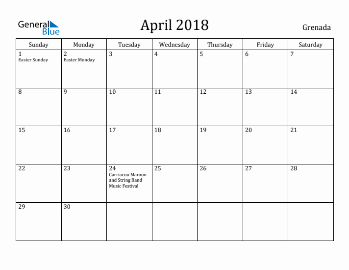 April 2018 Calendar Grenada
