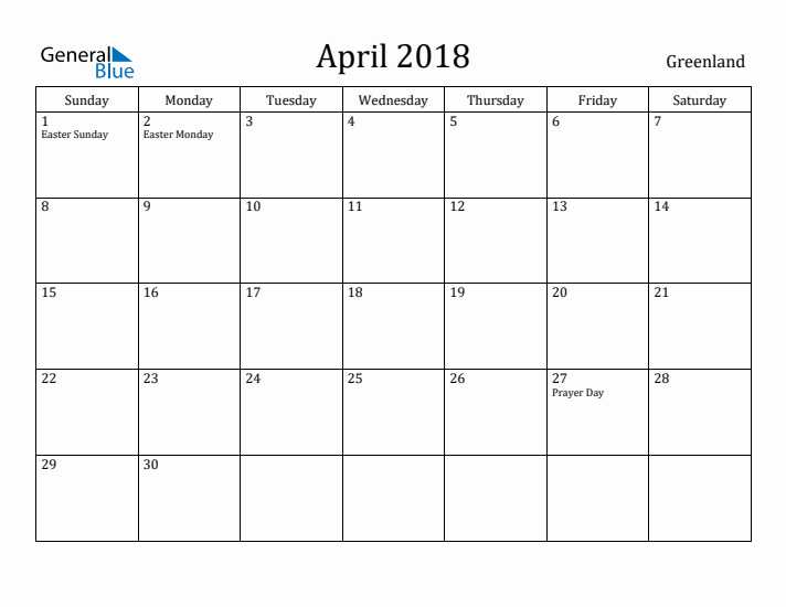 April 2018 Calendar Greenland