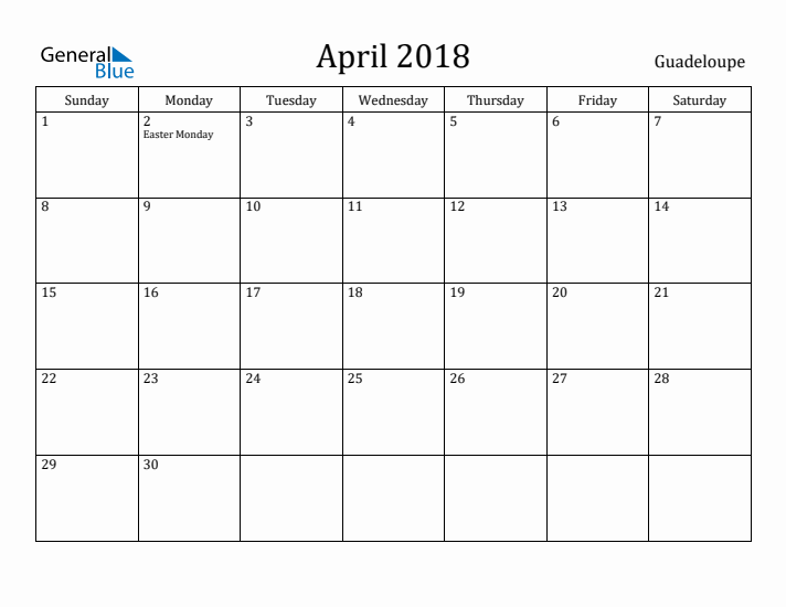 April 2018 Calendar Guadeloupe