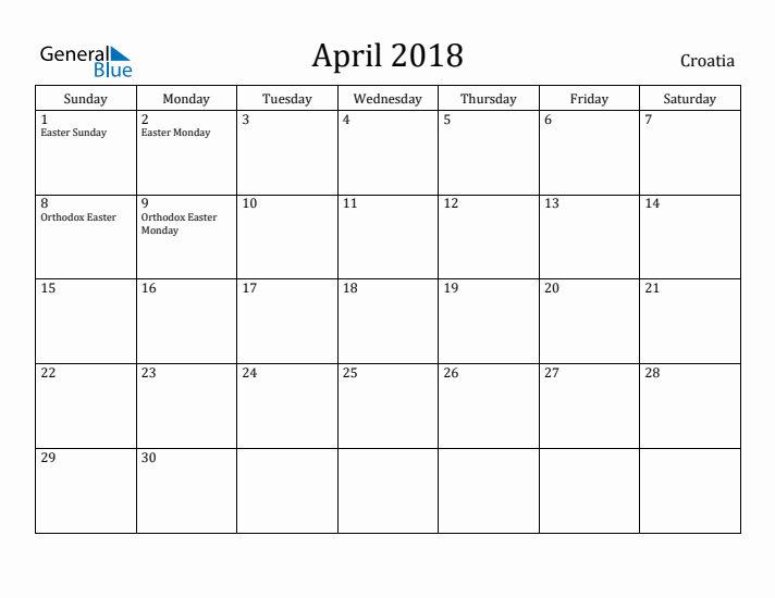 April 2018 Calendar Croatia