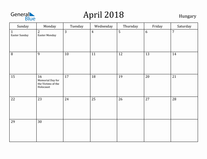 April 2018 Calendar Hungary