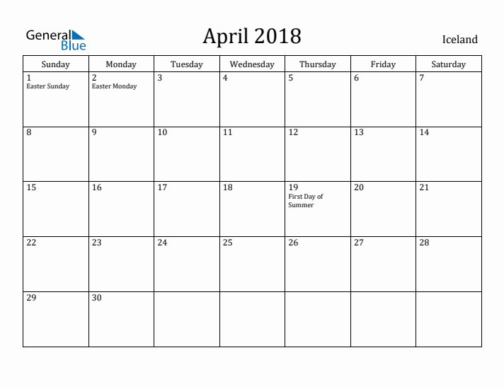 April 2018 Calendar Iceland